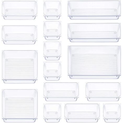 16 pièces organisateur tiroir, 5 tailles boite rangement tiroir, antidérapant organiseur maquillage, pour papeterie de bureau rangement, commode, salle de bain, cuisine (transparent) (1/5)
