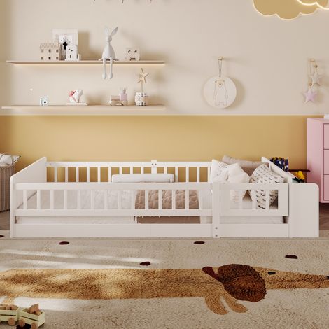 Lit enfant 90 x 200 cm avec rangements ouverts, étagères intégrées, barrière ouvrante, structure en pin et MDF - blanc (1/5)