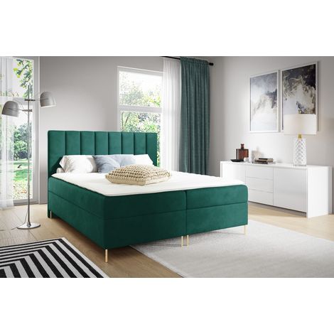 Sofello Boxspringbett NADIA 180 x 200cm 2x Bettkasten TOPPER 5cm Gratis Grün Velour hohe goldene Beine (1/5)