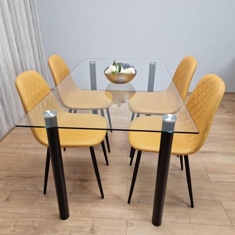 White Clear Glass Dining Table with 4 Chairs - Dining Kitchen Room Furniture (1/5)