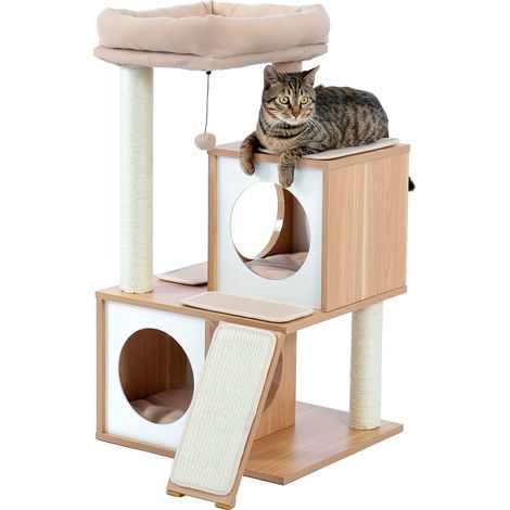 Pawz Road – Arbre à chat en bois 89 cm – 2 condos douillets – Griffoir en sisal – Poteaux robustes et pompon suspendu – Pour chats de tous âges