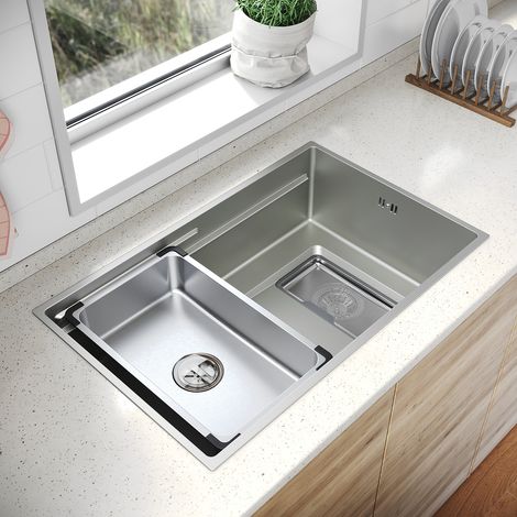 SONNI 304 SUS Edelstahl Küchenspüle mit 1 Becken, Einbecken Unterbauspüle mit Abtropfkorb Rechteckigem Abfallsieb Schmale Seite, Silber, 70×44cm (1/5)