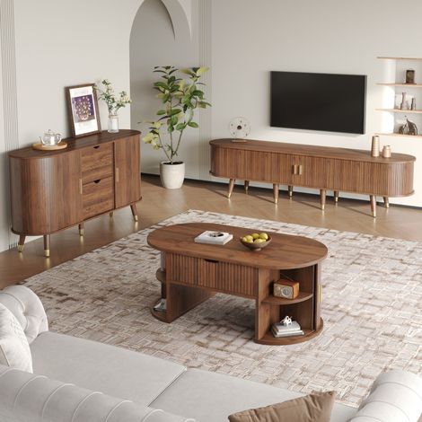 3-teiliges Wohnzimmerset 175x38x44.7 cm Nussbaum MDF mit Schiebetüren und Hub-Couchtisch (1/5)