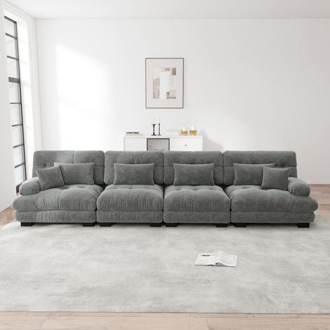 Sofá modular de 4 plazas 406 x 77 x 81 cm - Tejido de chenilla con efecto nube y asiento profundo para salón y oficina - Gris