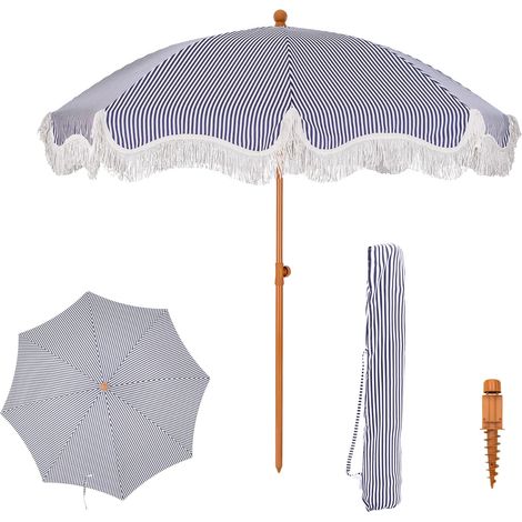 Parasol de plage de 2 m avec vis à sable UV 50+ - Parasol à franges pour plage, jardin, terrasse - Pour piscine et terrasse (1/5)