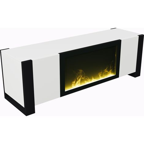 Meuble TV avec foyer électrique décoratif effet flammes, blanc laqué et pieds noirs, 165x55x32 cm (1/5)