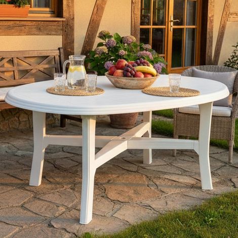 Dmora – Table de jardin ovale 6 places – Polypropylène résistant – Longueur 165 cm – Dimensions 165x110x72 cm – Coloris blanc