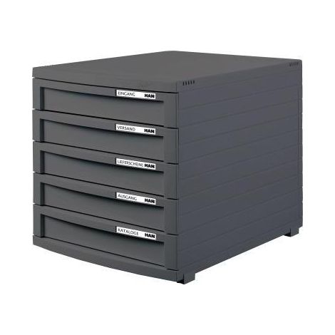 Schubladenbox CONTUR 5 Schubladen DIN A4 DIN B4 DIN C4 Polystyrol Gehäusefarbe: dunkelgrau Farbe der Schublade: dunkelgrau (1/4)