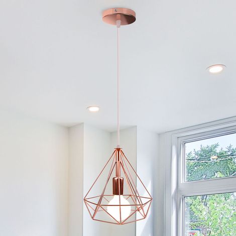 Pendelleuchte Ø25cm Diamant Form Hängelampe, Industri Stil Kronleuchter mit Metall Käfig E27 Fassung für Wohnzimmer Schlafzimmer Esszimmer Küche Rosegold