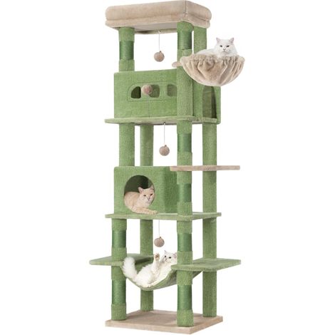 170 cm Grand Arbre à Chat, Tour à Chat pour Chats D'intérieur, avec Grand Perchoir, Tapis Lavable, 2 Niches Chats, 8 Griffoirs, Hamac, Pompons, Vert Brun MS17018AG (1/5)