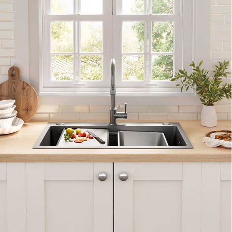 Lavello da incasso 75x45x22 cm, con tagliere, doppio filtro, drenaggio rapido, acciaio inox, argento (1/5)