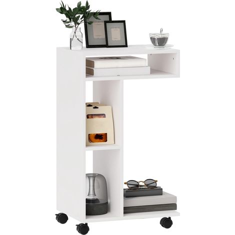 Table d'appoint pour canapé, table d'appoint en forme de C avec roulettes, compartiments ouverts, 40 x 30 x 69 cm, blanche