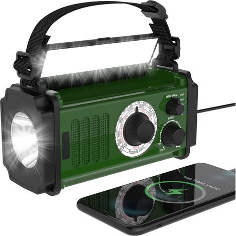 Radio d'urgence portable à manivelle (10 000 mWh), alimentée à l'énergie solaire, radio météo NOAA/AM/FM, 4 modes de charge, batterie polymère, lampe torche et lampe de lecture, alarme SOS, boussole d (1/5)