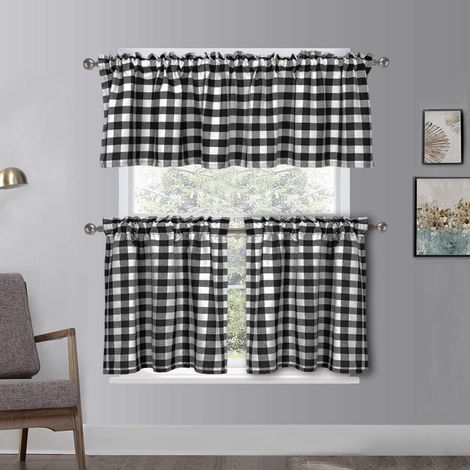 Set of 3 window curtains with valance - Vintage style - For kitchen, bathroom, living room (black grid, valance - 129.5 x 40.6 cm + tiers - 68.6 x 91.4 cm) (1/5)