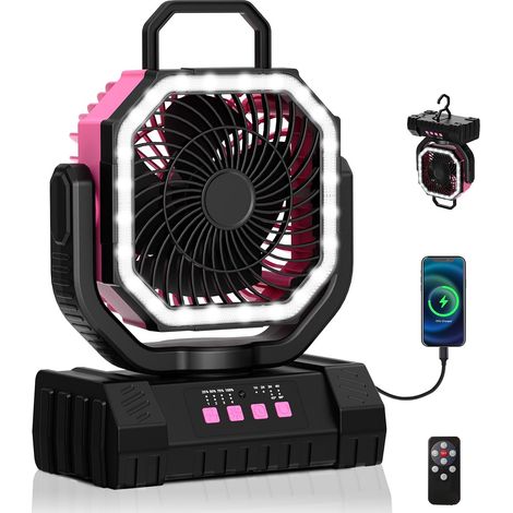 Ventilateur de camping avec lumière, ventilateur de bureau à oscillation automatique avec télécommande, ventilateur de tente à suspendre à piles avec crochet, ventilateur USB de bureau (1/5)