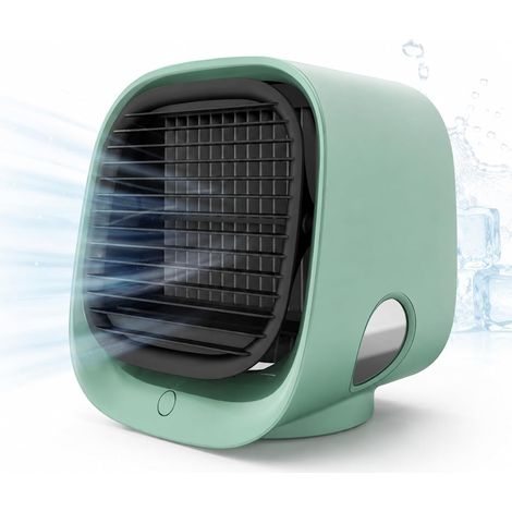 Mini enfriador de aire portátil con tres velocidades de ventilador ajustables, luz nocturna LED y función de humidificación. Ideal para dormitorios, oficinas, caravanas, viajes y otras ocasiones. Mode (1/4)