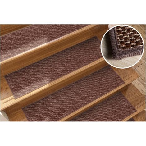 Tapis d'escalier antidérapant autocollant imitation lin - Marron, lot de 3 (1/3)