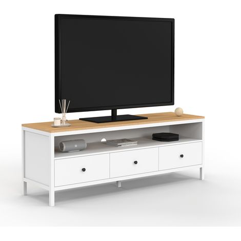 Meuble TV 140 cm ACHILLE 3 tiroirs blanc et plateau bois