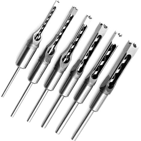 Ensemble de 6 forets carrés pour le travail du bois, scie cloche, burin à mortaiser, forets en acier de 6,35 mm (1/4 po), 7,94 mm (5/16 po), 9,52 mm (3/8 po), 12,7 mm (1/2 po), 14,29 mm (9/16 po) et 1 (1/2)