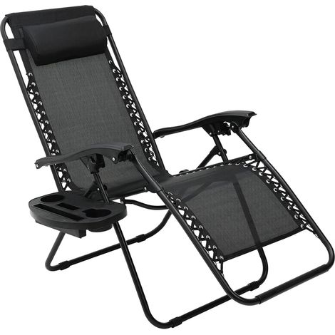 LIFERUN Sonnenliege Set, klappbar Liegestuhl mit verstellbarem Kopfpolster & Rückenlehne, Relaxliege für Mittagspause mit Getränkehalter, ergonomisch und atmungsaktiv, Schwarz (1/5)