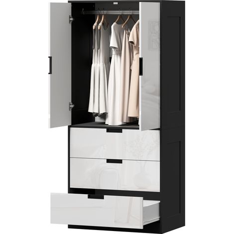 2 Door Wardrobe, Modern Wardrobe with 3 Drawers Hanging Rod for Bedroom, High Gloss White (1/5)