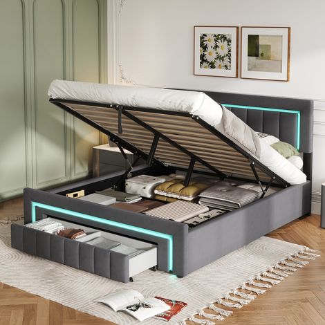 REDOM Letto matrimoniale 140x200 cm con illuminazione LED, letto con cassetti e ruote, struttura letto con ampio spazio di archiviazione, grigio (senza materasso)