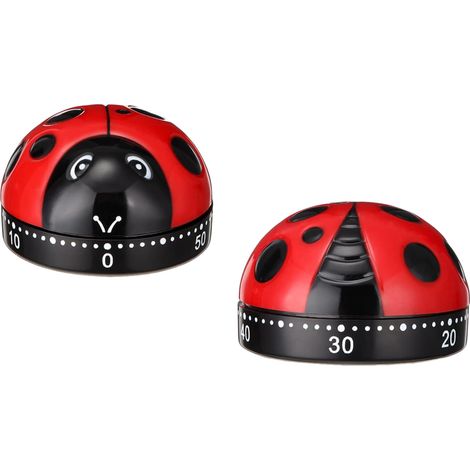 Lot de 2 minuteurs de cuisine en forme de coccinelle, compte à rebours mécanique de 60 minutes, joli réveil rouge et noir pour enfants, idéal pour la lecture, le sport, la pâtisserie et les tâches mén