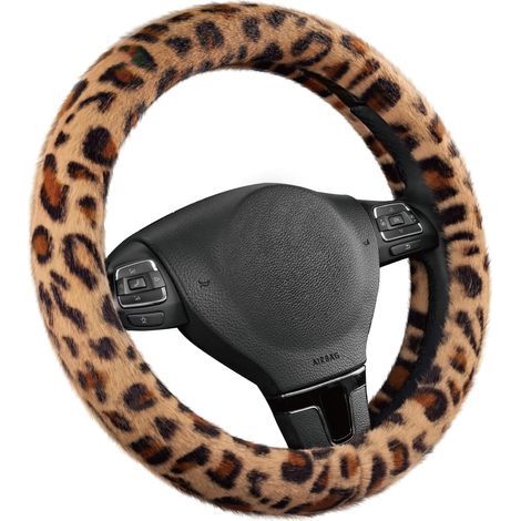 Lenkradbezug passend für 38 cm Autolenkräder - Leopardenmuster und Plüsch, Winterstil, aus Mikrofaser, universell, weich und warm im Winter (braun) (1/5)