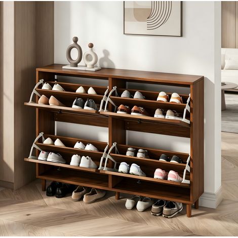 Mueble zapatero 4 abatibles, 120x24x90 cm, 8 compartimentos, almacenaje abierto, en MDF, nogal (1/5)