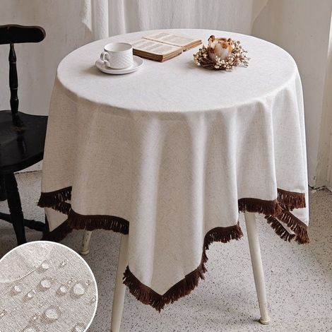 Blanc cassé 140x220cm Nappe en lin polyester, style lin et coton imperméable, couleur unie, décoration de table basse, nappe pour table à thé. (1/5)