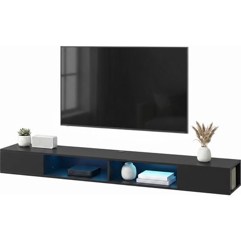 Meuble TV suspendu 180 cm avec éclairage LED RGB, meuble télé avec étagères ouvertes, 177,8 x 30 x 18 cm, noir (1/5)