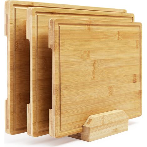 Cutting Board Set - 3-Piece with Base - Bamboo, Original Colour - for Kitchen, Food Prep, Chopping (1/5)