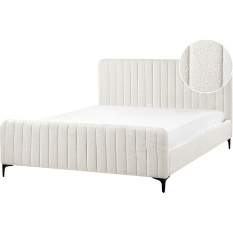 Polsterbett Cremeweiß Bouclé mit Lattenrost 160 x 200 cm Hohes Gestepptes Kopf- und Fußteil Modern Glam Doppelbett Schlafzimmer Ausstattung
