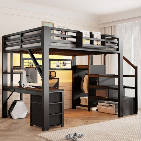 Cama alta 140x200 cm con escritorio, LED, 3 cajones, armario y escalera, metal MDF para dormitorio - negro (1/5)