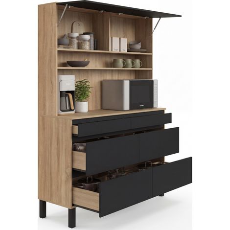 Doppel-Küchenschrank mit Topfablage, 120 cm, Modell CLAUDE, 6 Schubladen + 1 Schrank, Holz und Schwarz (1/5)