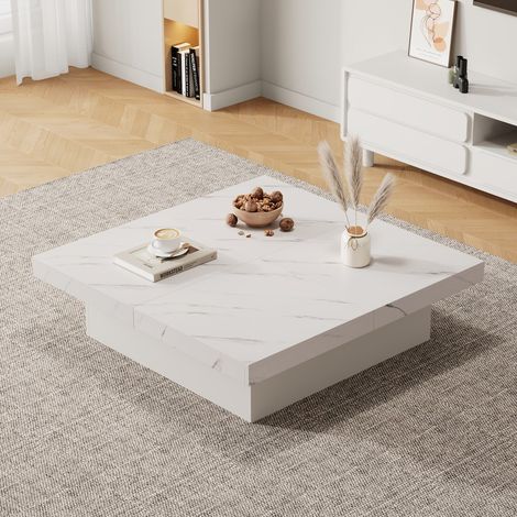 Table basse carrée blanche 90x90x25cm design pierre, 4 tiroirs, plateau coulissant, capacité 30kg, fonctionnelle pour salon contemporain et élégant (1/5)