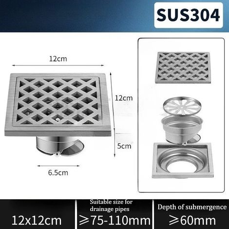 (12cm x12cm)304 thickened stainless steel floor drain 15x15CM outdoor large displacement floor drain, bathroom, garage, square floor drain (1/4)