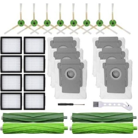Kit d'accessoires pour iRobot Roomba i7 i7+ i3 i3+ i4 i4+ i6 i6+ i8 i8+ e5 e6 e7 : pièces de rechange, 2 brosses principales, 8 filtres HEPA, 8 brosses latérales et 6 sacs à poussière