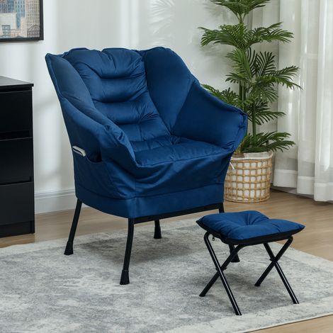 Lounge-Sessel mit Hocker, bequemer Sessel mit Seitentaschen und Stahlbeinen für Wohn- und Schlafzimmer, Blau