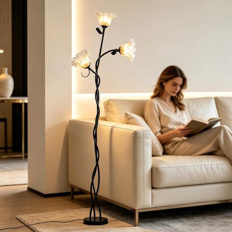 62" Living Room Flower Floor Lamp, Vintage Dimmable Iron Floor Lamp with Swan Neck, Spiral & 3 Rose Heads Swivel, Modern DIY Arc Floor Lamp for Bedroom, Office and Reading (1/5)