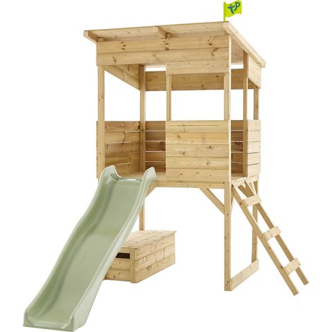 Cabane sur pilotis en bois FSC® avec toboggan vert kaki CIMES