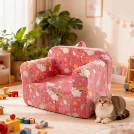 Canapé pour enfants avec poignée de transport et poches latérales – Fauteuil enfant mousse – Siège luminescent chambre salle de jeux salon – Motif Arc-en-ciel rose (1/5)