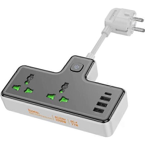 Compatible avec la multiprise à double prise hoco AC11A Voyage, dotée de ports USB-C + 3 ports USB, d'une longueur de câble de 8,5 cm et d'une prise noire standard européenne AC11A. (1/5)