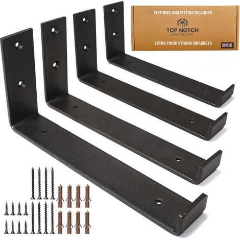 Top Notch Heavy Duty Metal Shelf Brackets Steel Bracket for Wooden Wall Shelves, Includes Fixtures, Black, Pack of 4 (1/5)