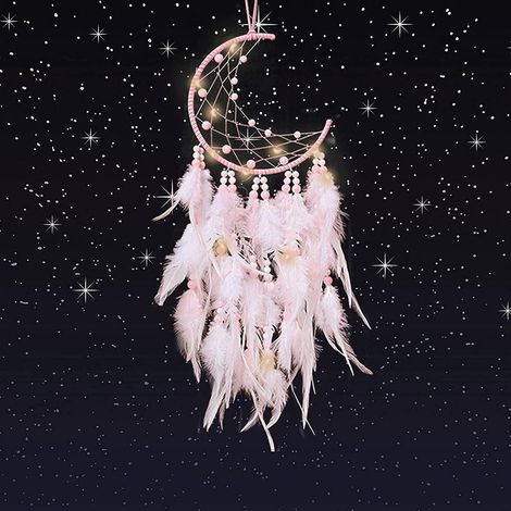 Dream Catcher - Led Fairy Lights - Handmade Bohemian Wall Hanging Decoration - Pink - 50 cm x 60 cm - 1 Piece (1/5)