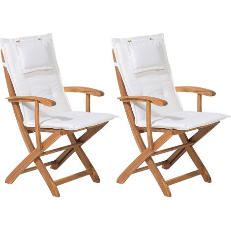 Set of 2 Garden Chairs with Cushions MAUI Acacia Wood Off-White
