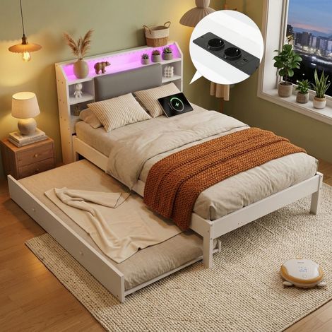 Lit gigogne 120x200+90x190 cm - Lit enfant en bois 120x200 - Lit d'appoint 90x190 tête de lit étagères LED et prises - Blanc (1/5)