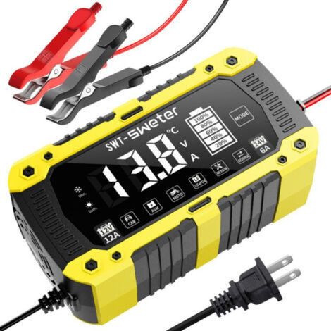 Chargeur de batterie voiture et moto 12V 12A / 24V 6A LiFePO4, sortie 14,6V / 29,2V, jaune, pour recharge de batteries auto et moto (1/5)