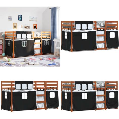Etagenbett mit Vorhängen Weiß & Schwarz 80x200 cm Kiefernholz - Kinderzimmermöbel - Hochbett - Etagenbett - Jugendzimmer - Holzbett - Home & Living