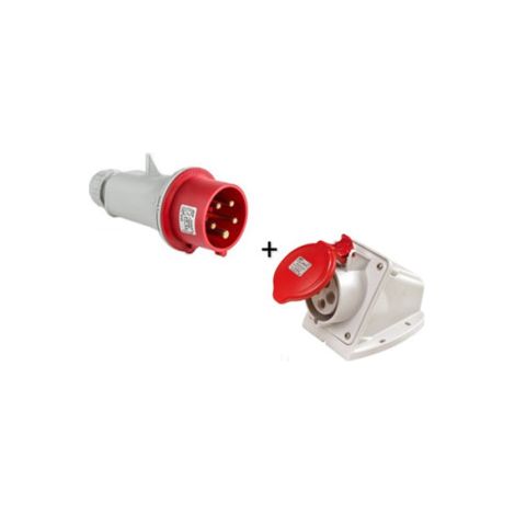 Digital - Prise de Courant Europu00e9enne socle 3P+T+N 32A + fiche mu00e2le - 380V IP 44 - Ru00e9f. : 51218+51318 (1/3)